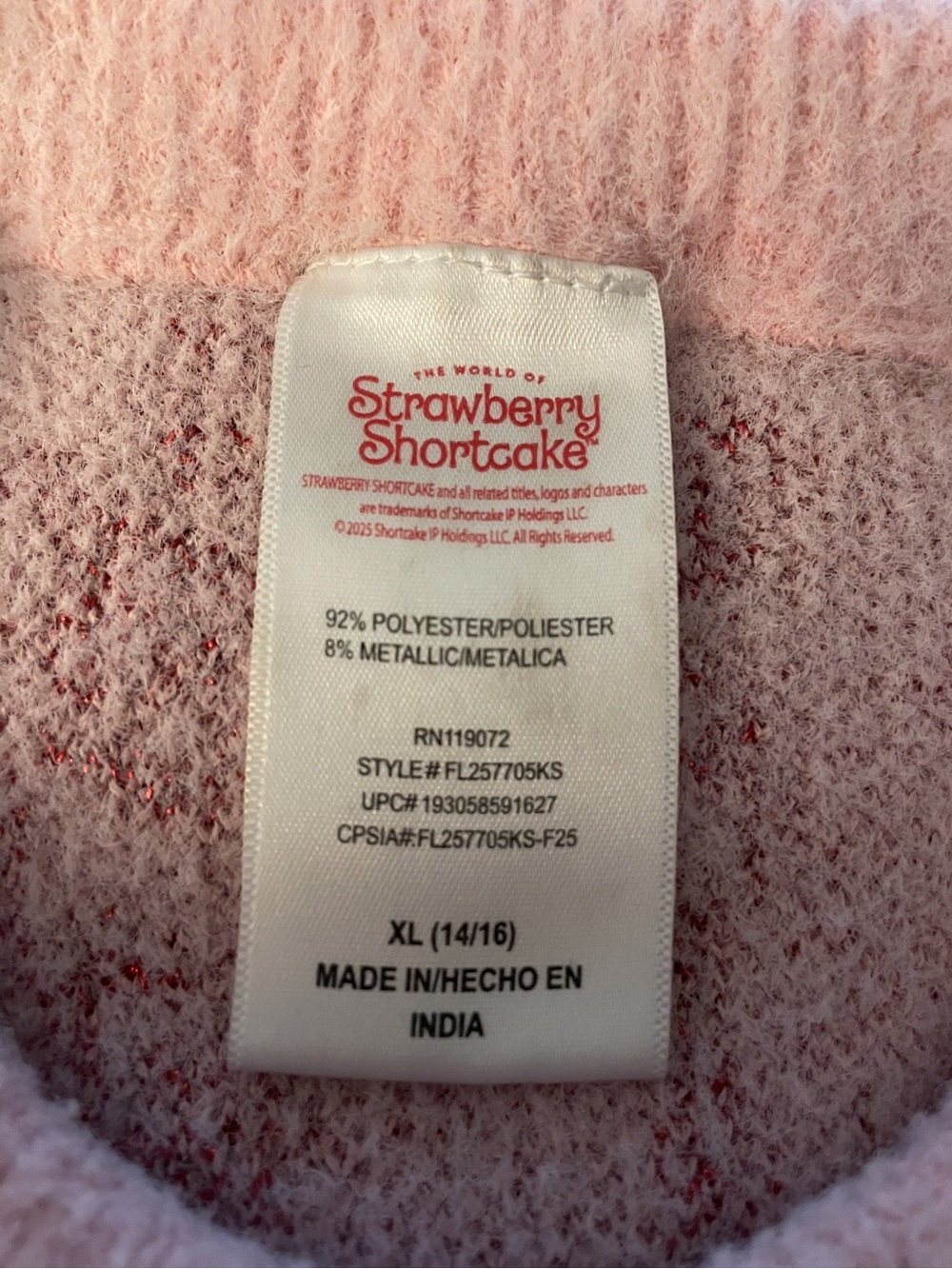 STRAWBERRY SHORTCAKE Women's Girls Pink Shaggy Metallic Knit Sweater XL 14/16 - Picture 11 of 12